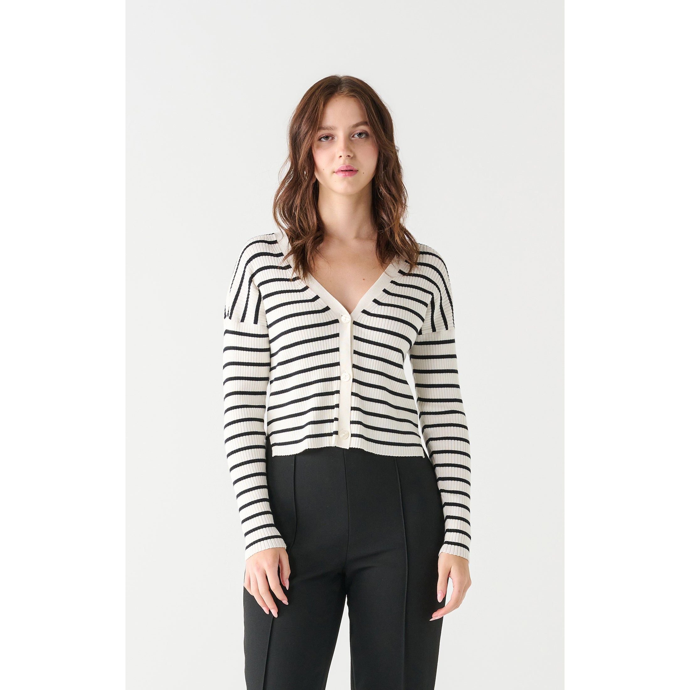 Dex - Ribbed Stripe Cardigan in Black/White