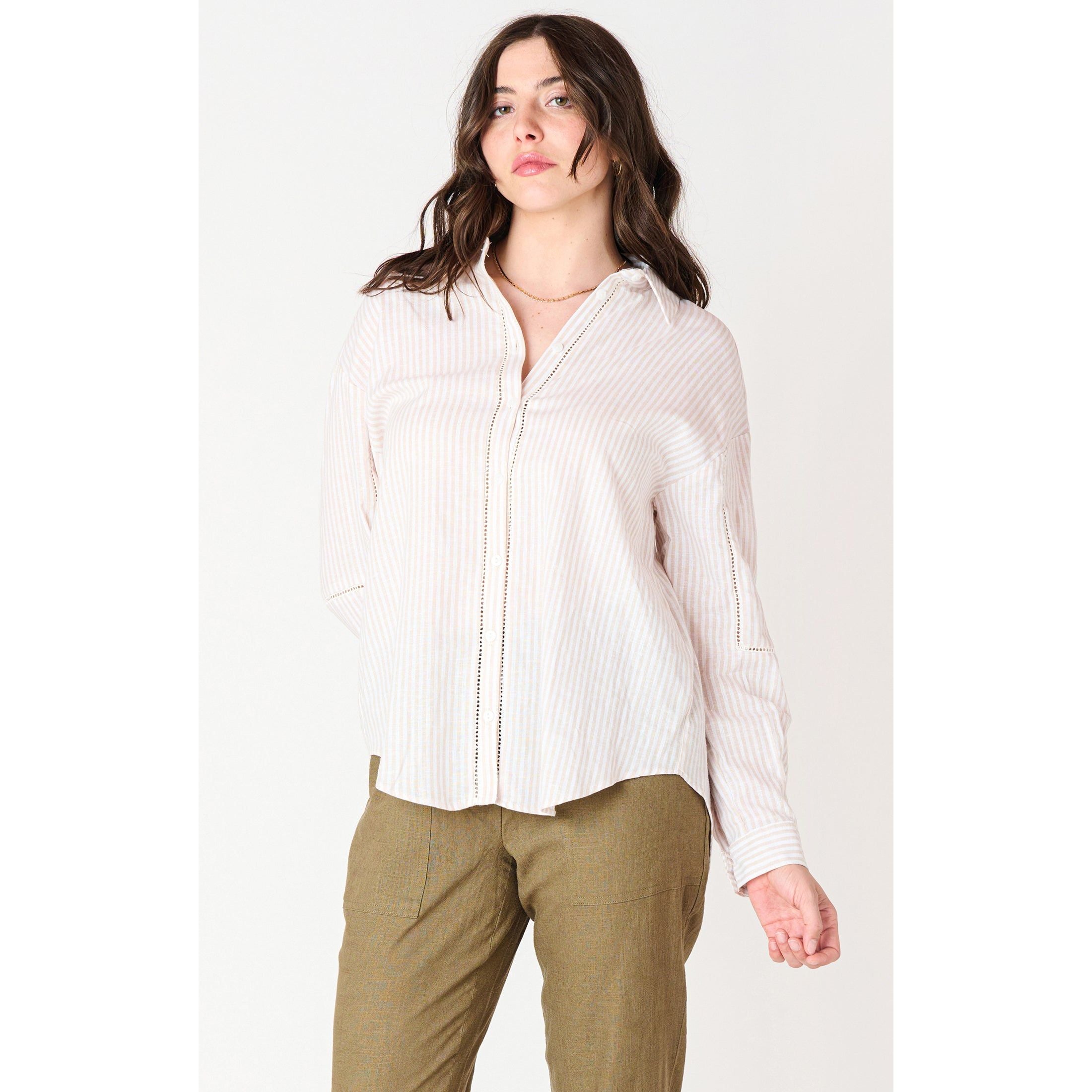 Dex -  Lace Insert Blouse in White/Tan Stripe