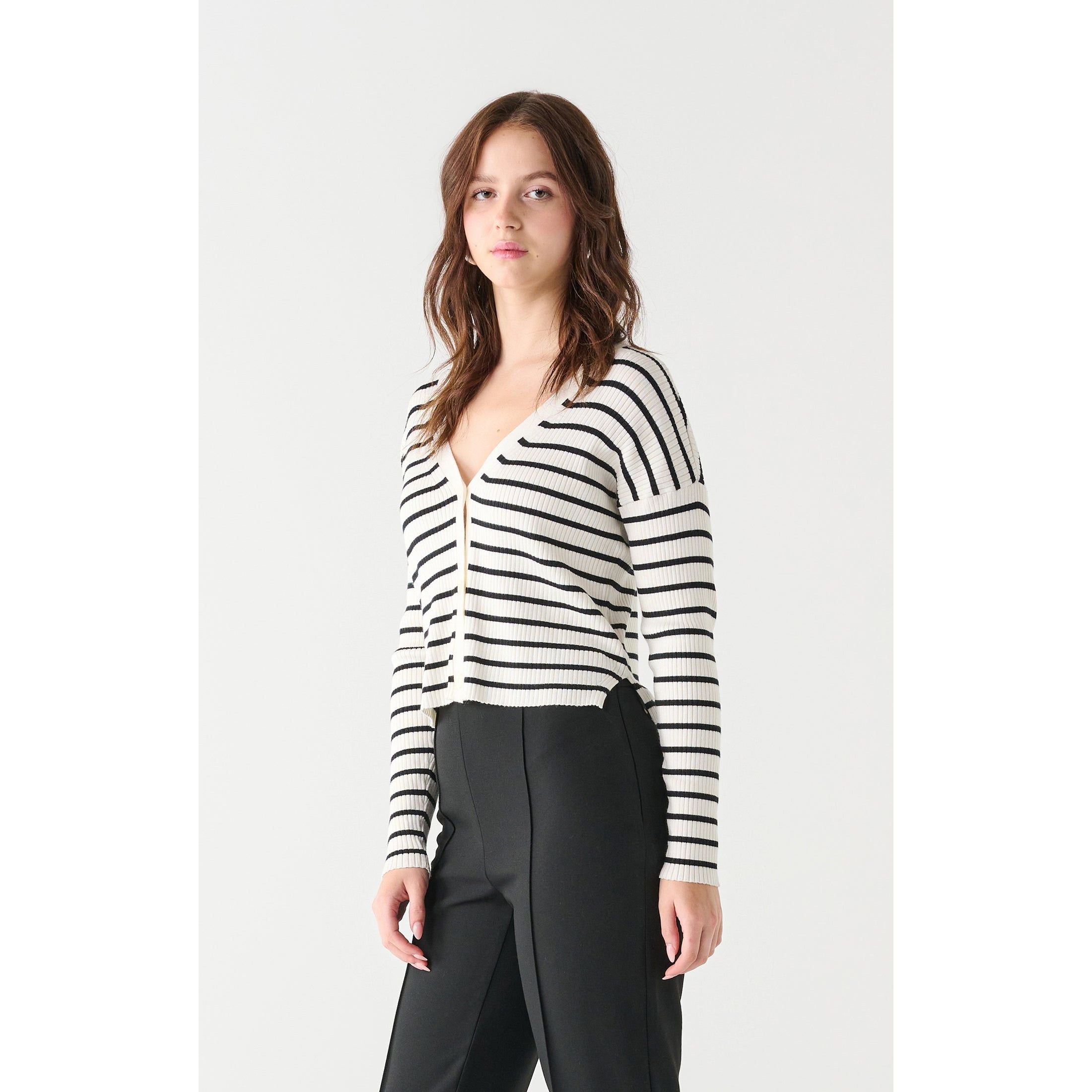 Dex - Ribbed Stripe Cardigan in Black/White