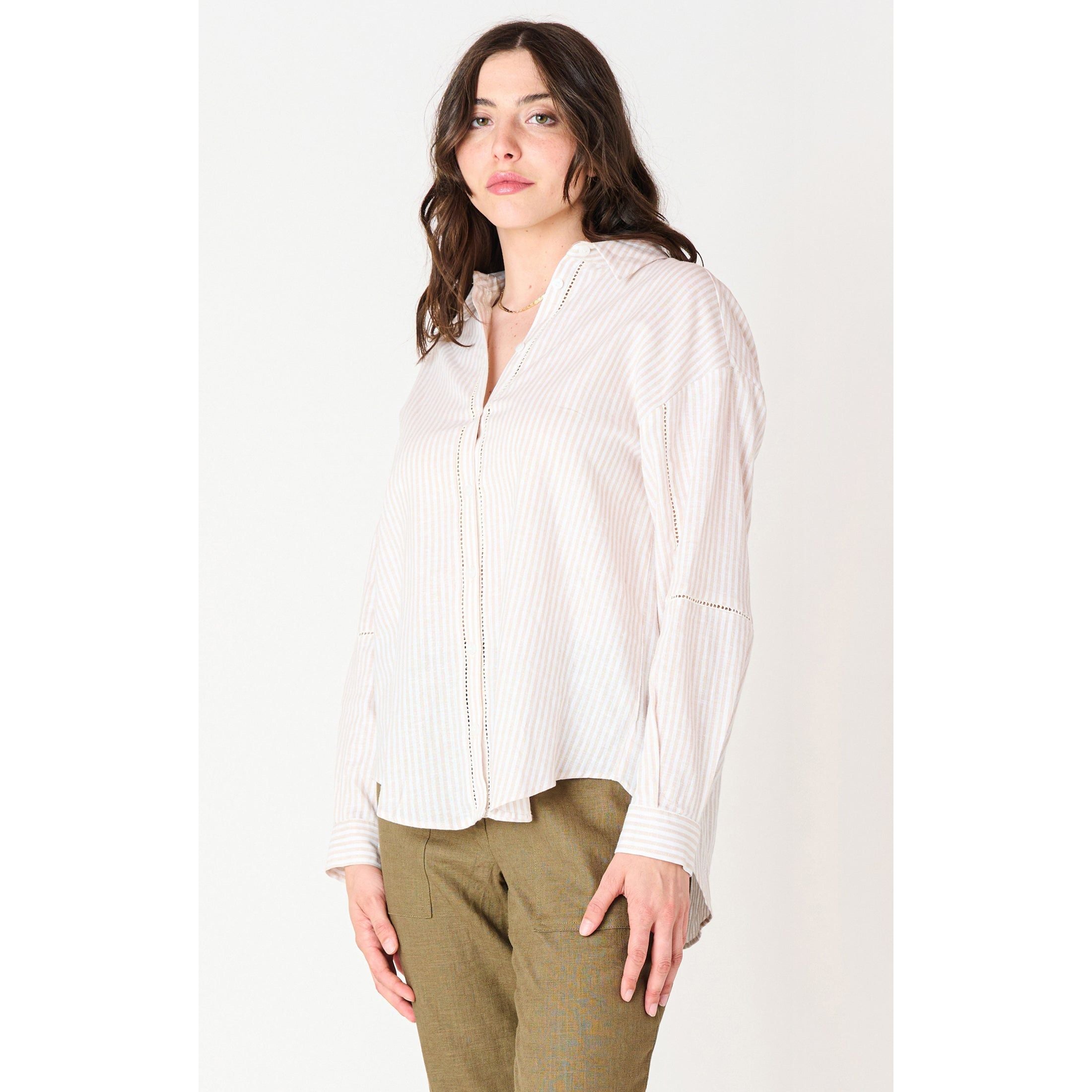 Dex -  Lace Insert Blouse in White/Tan Stripe