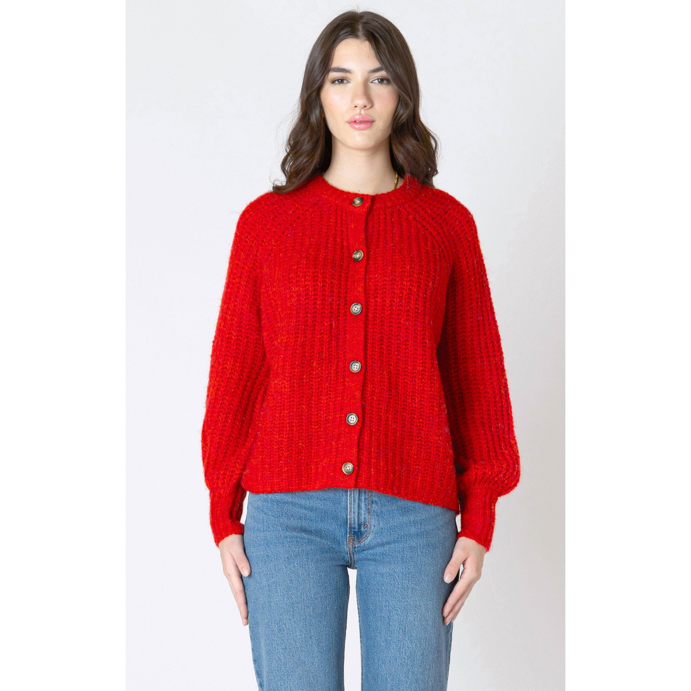 Dex - Crewneck Textured Cardigan in Red Melange