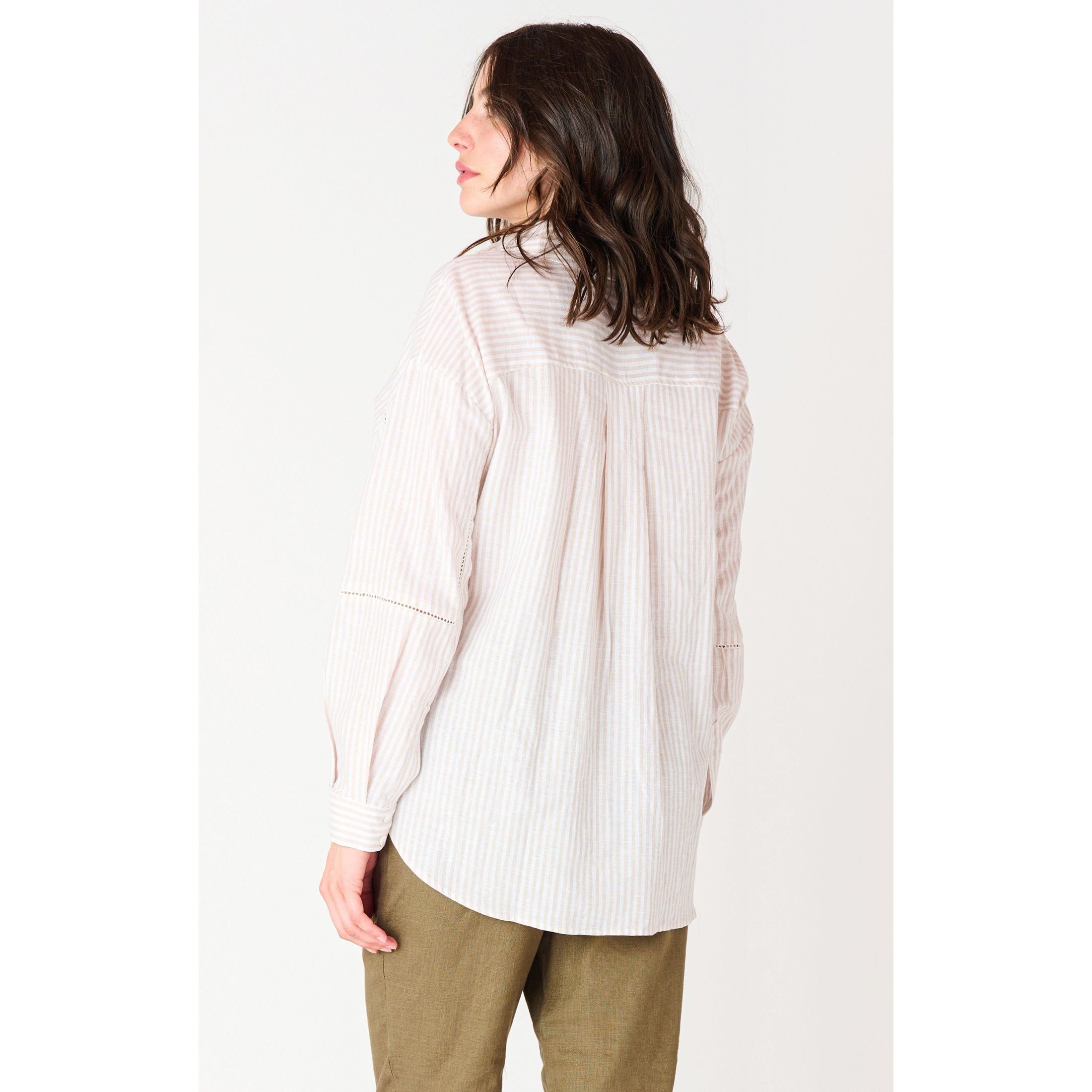 Dex -  Lace Insert Blouse in White/Tan Stripe