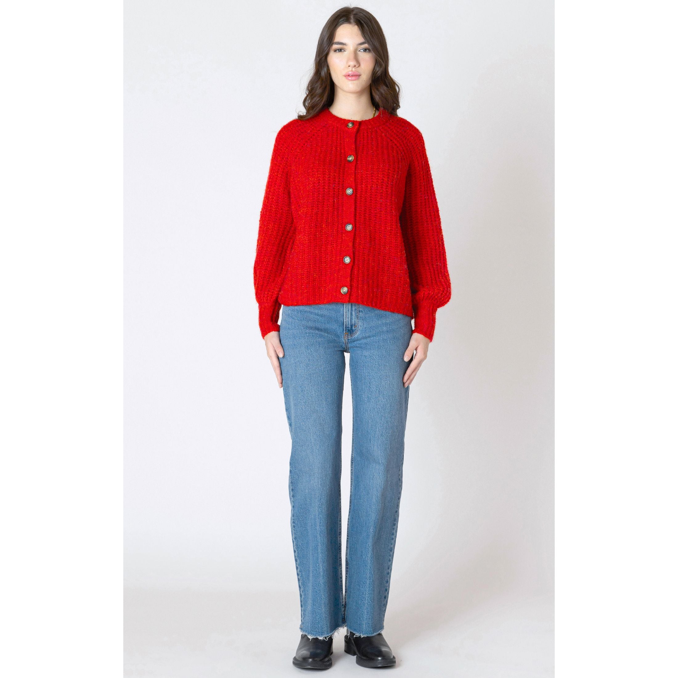 Dex - Crewneck Textured Cardigan in Red Melange