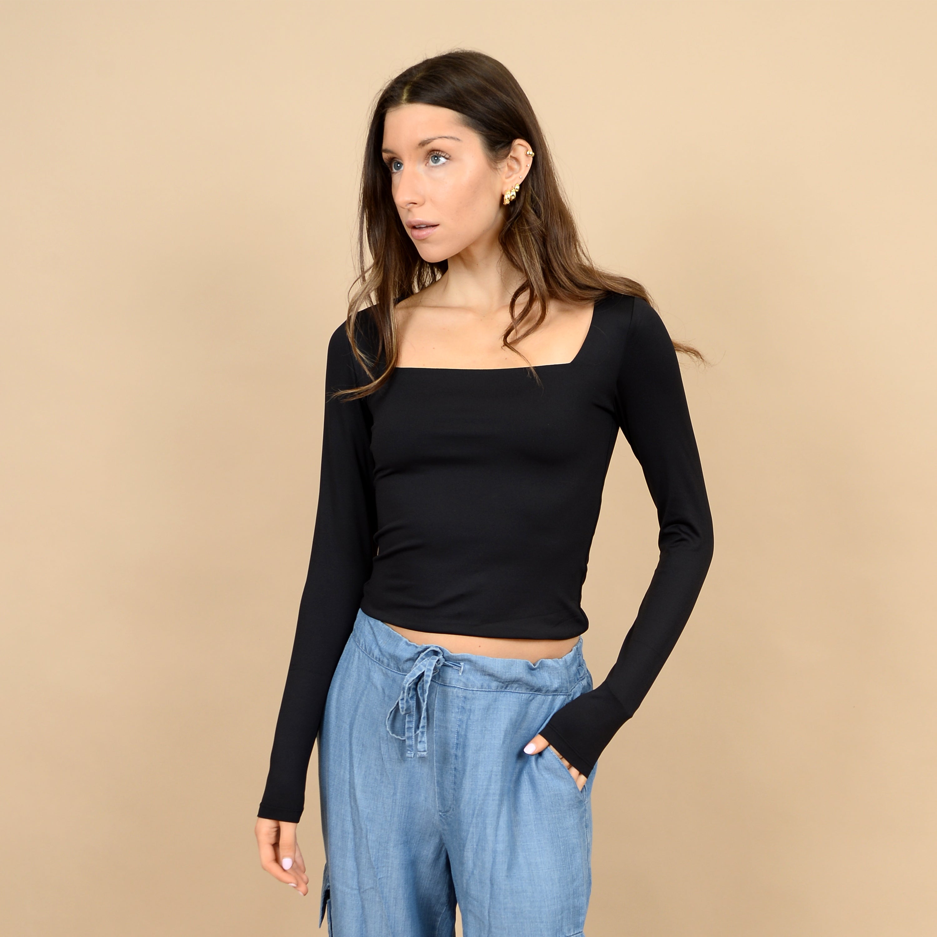 RD Style - Stacey Ribbed Long Sleeve Square Neck Top in Black