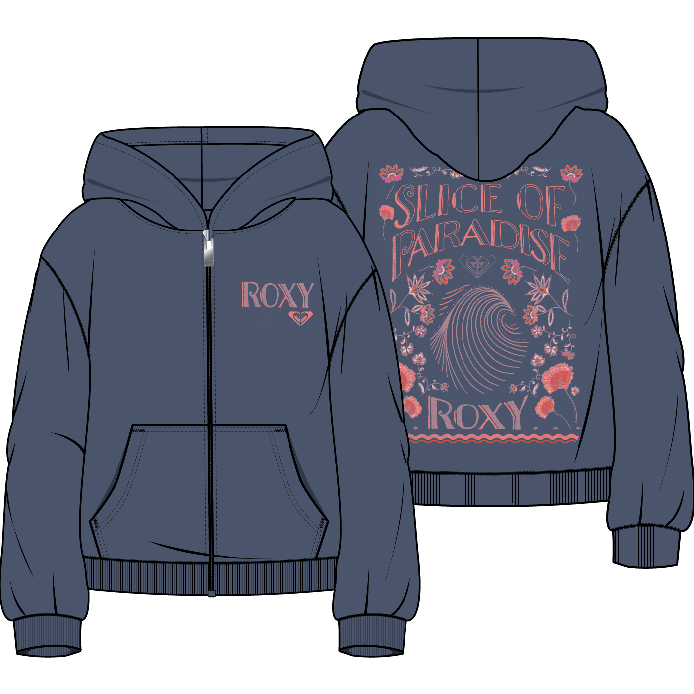 Roxy - Little Girls Oversized Wave Zip Up Hoodie in Vintage Indigo
