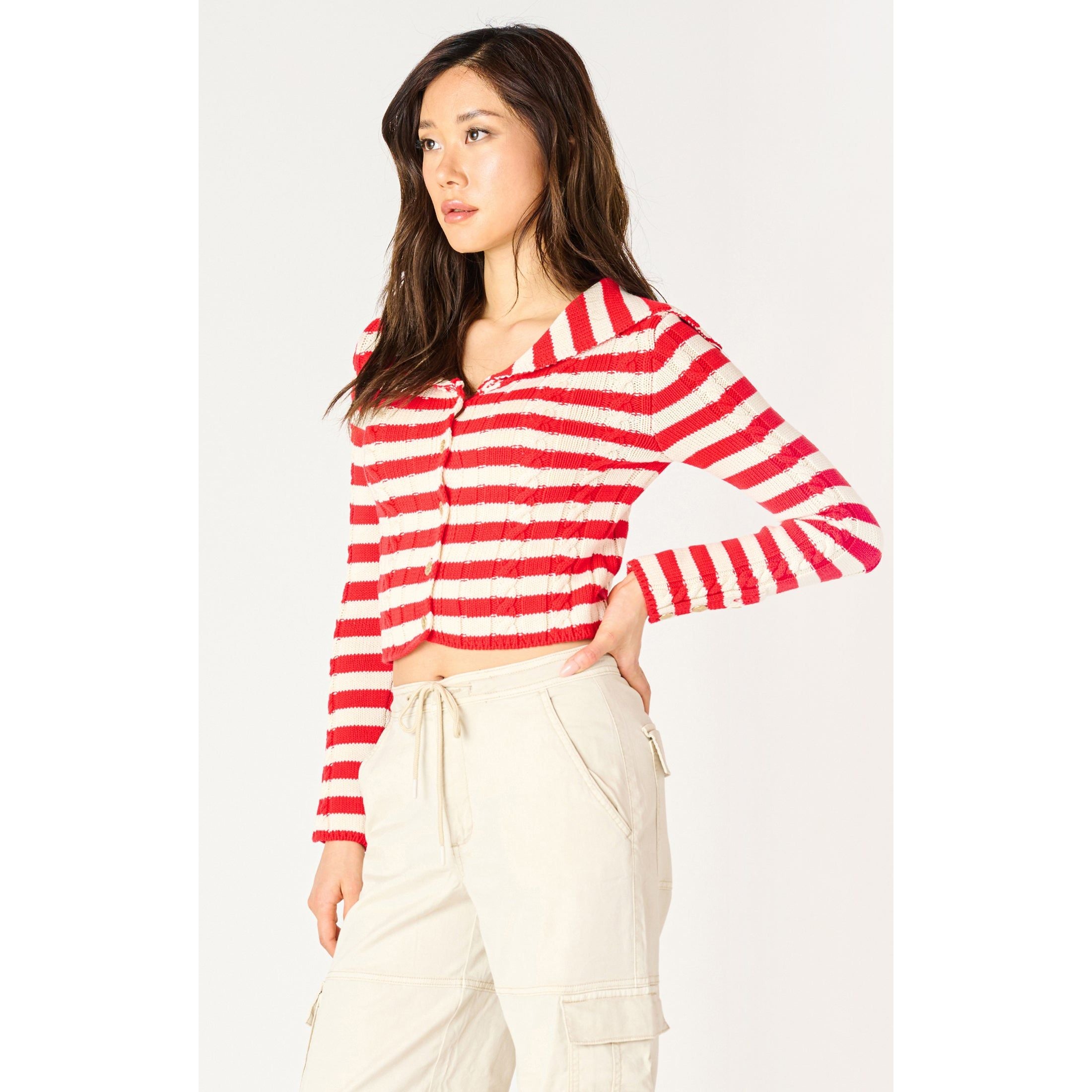 Dex - Cable Knit Cardigan in Scarlett/Cream Stripe