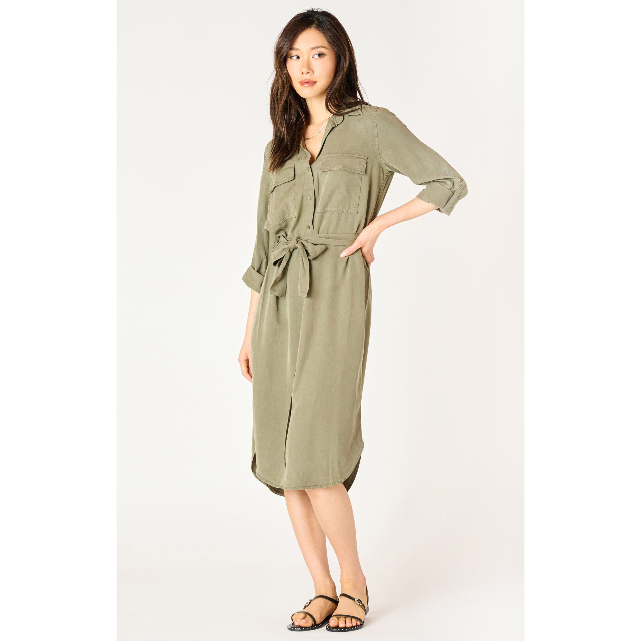 Dex - Belted Utility Midi Dress in Washed Olive