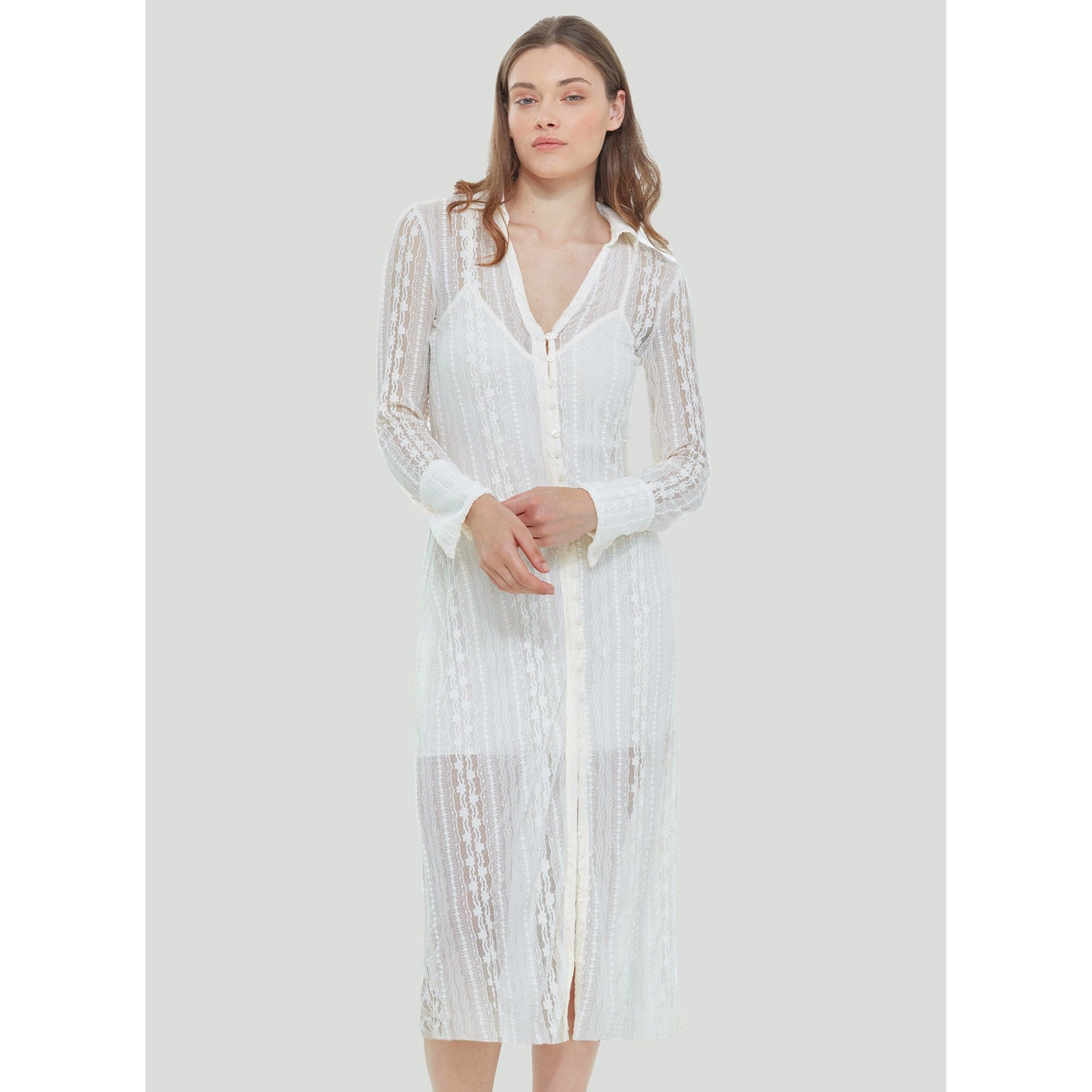 Dex - Collared Lace Midi Dress in White Lace