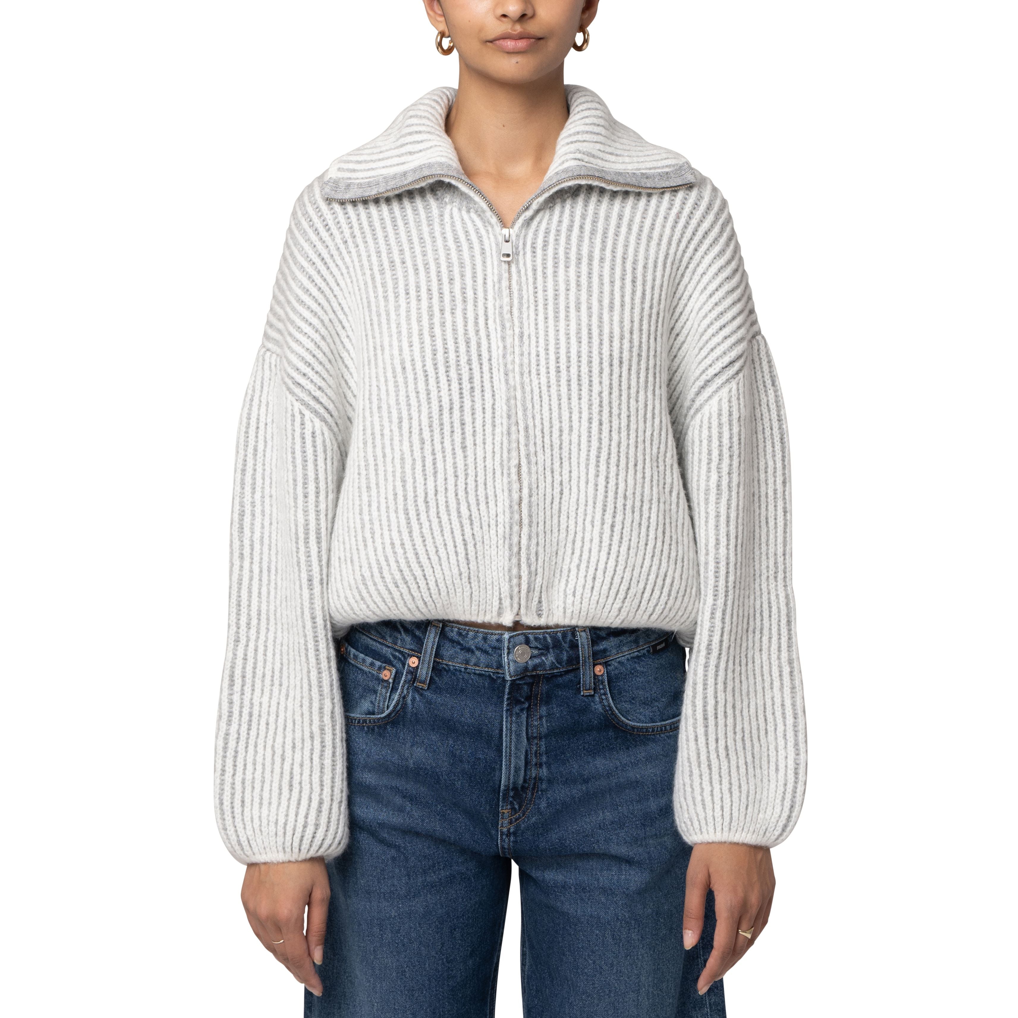Mavi - Zipper Cardigan in Antique White Stripe