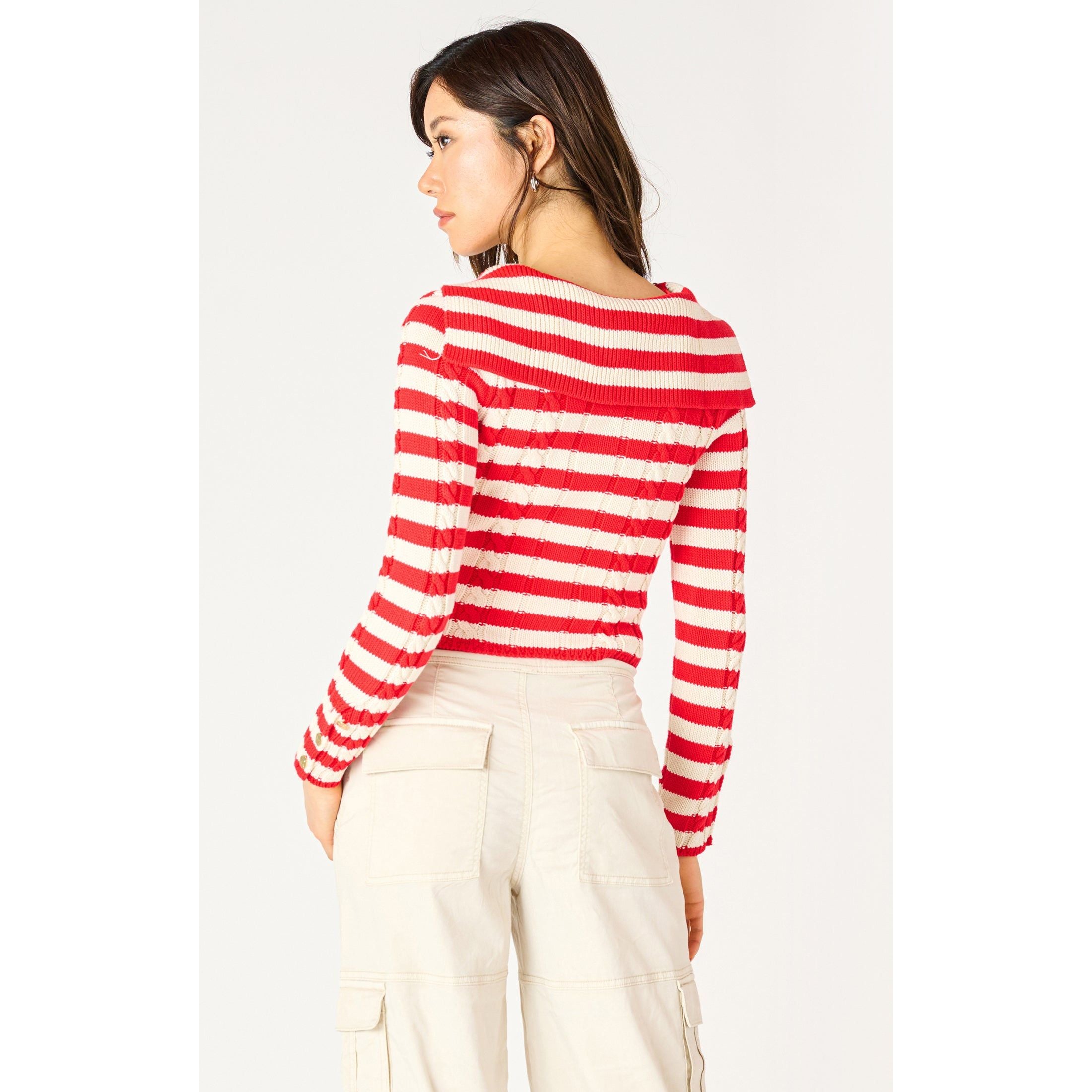 Dex - Cable Knit Cardigan in Scarlett/Cream Stripe