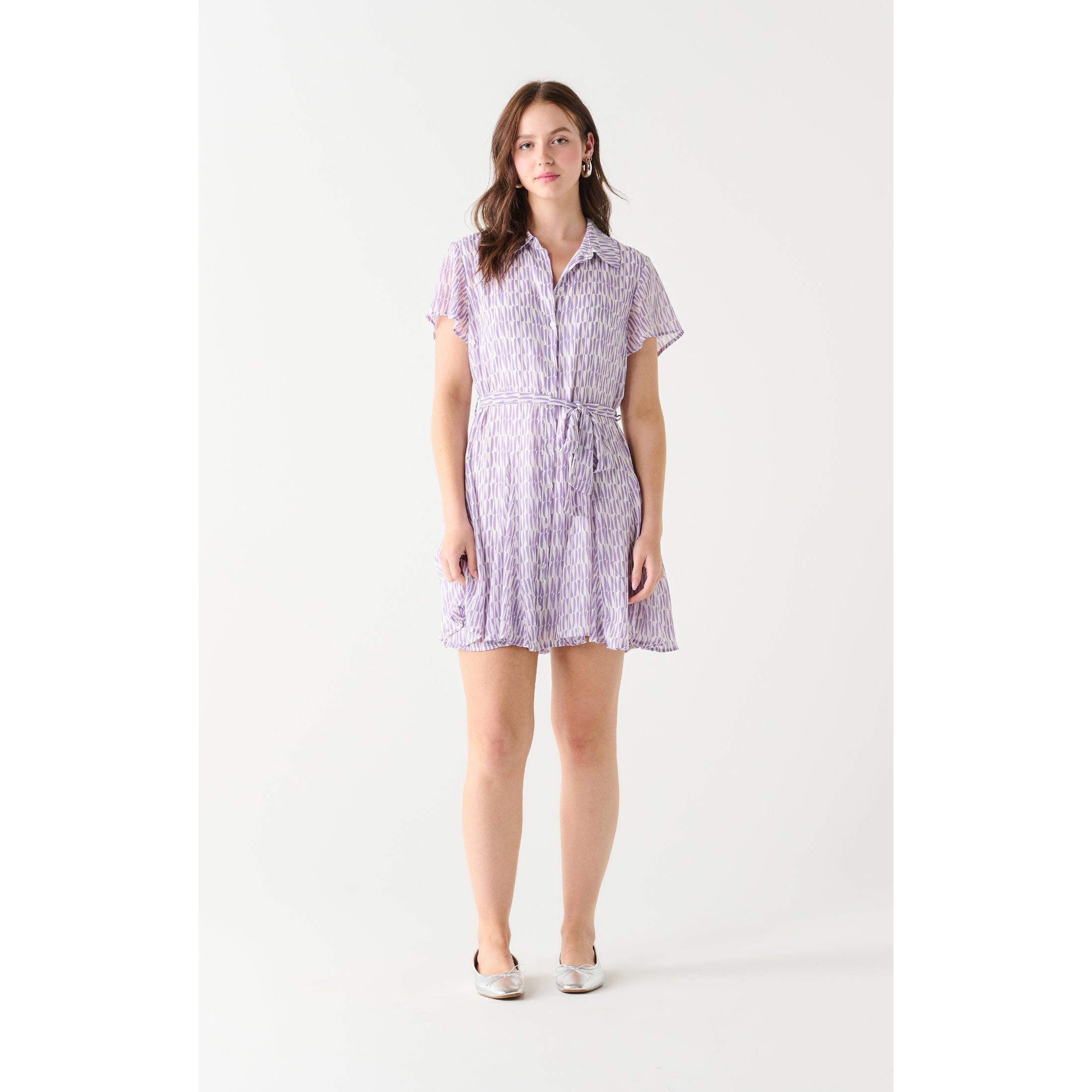 Dex - Belted Mini Dress in Lavender Geo Print