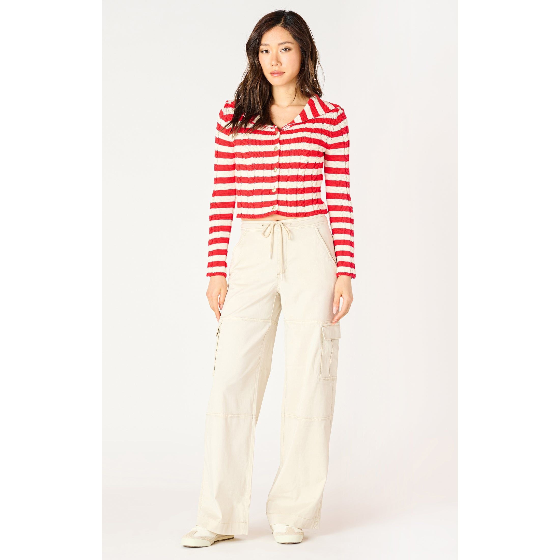 Dex - Cable Knit Cardigan in Scarlett/Cream Stripe