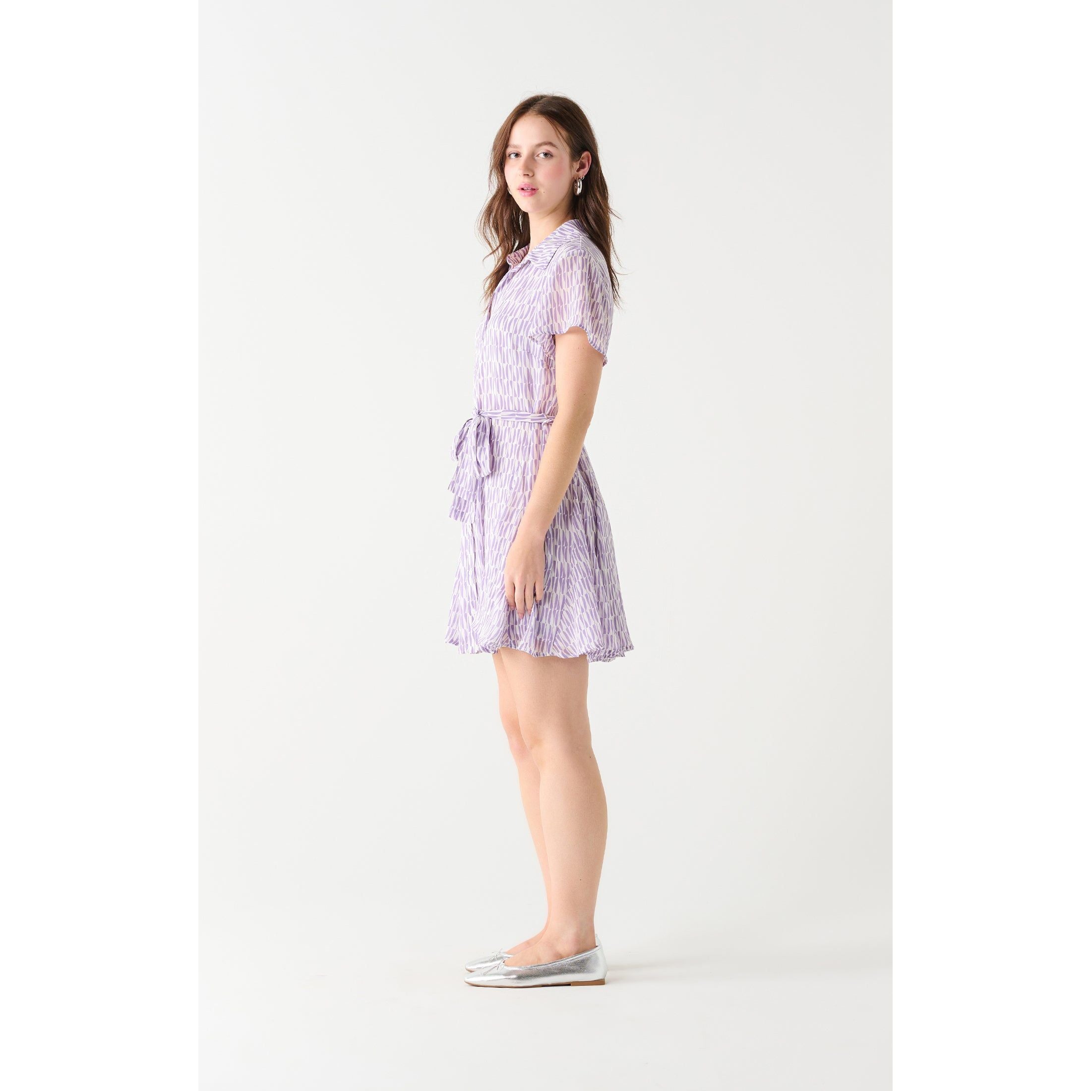 Dex - Belted Mini Dress in Lavender Geo Print