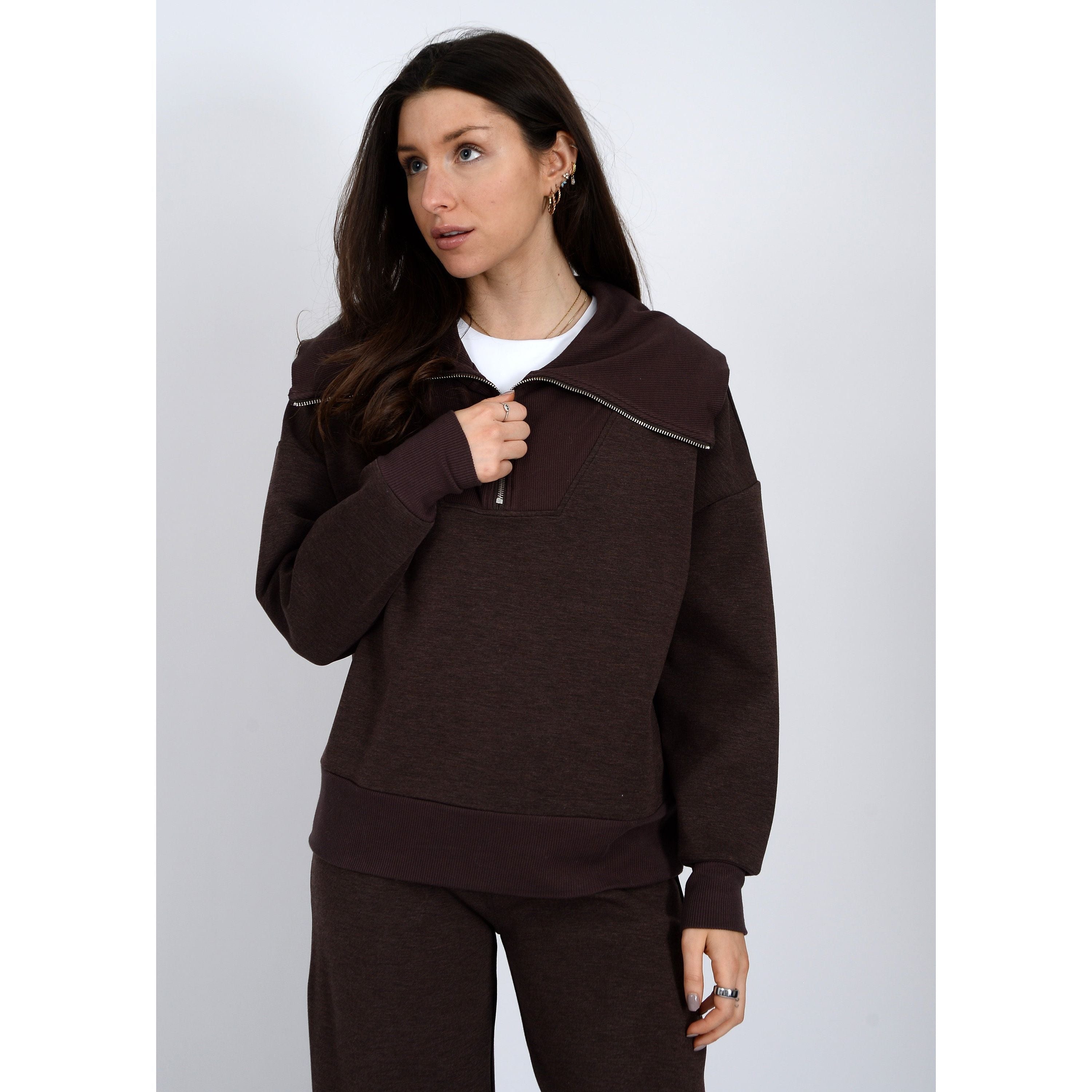 RD Style - Sian Soft Knit 1/2 Zip Up in Umber Melange