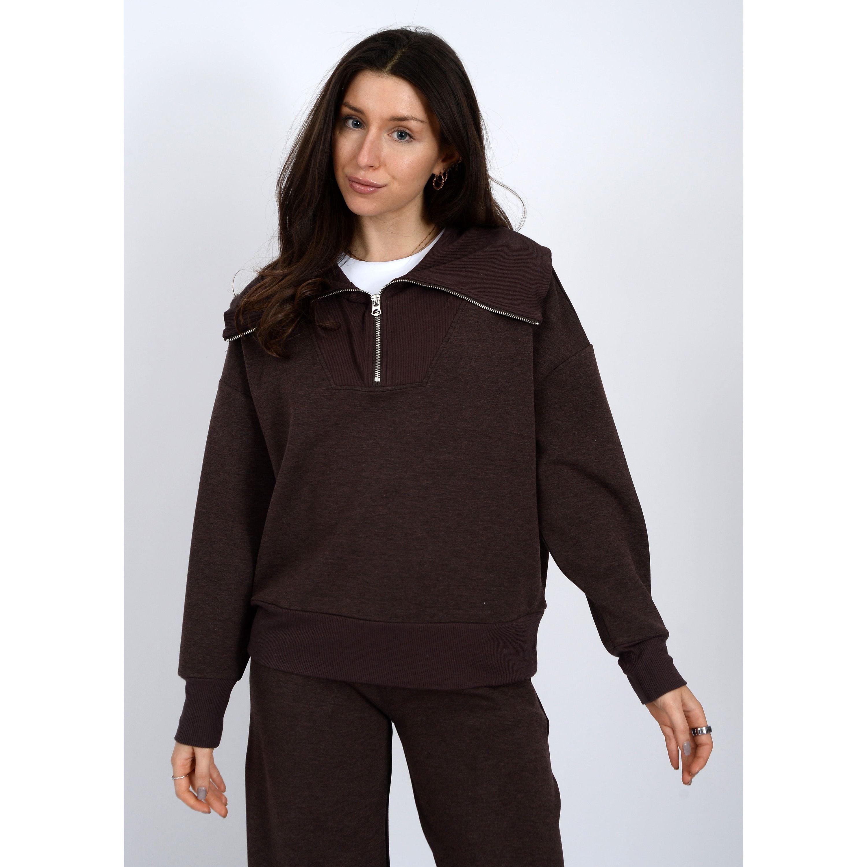 RD Style - Sian Soft Knit 1/2 Zip Up in Umber Melange