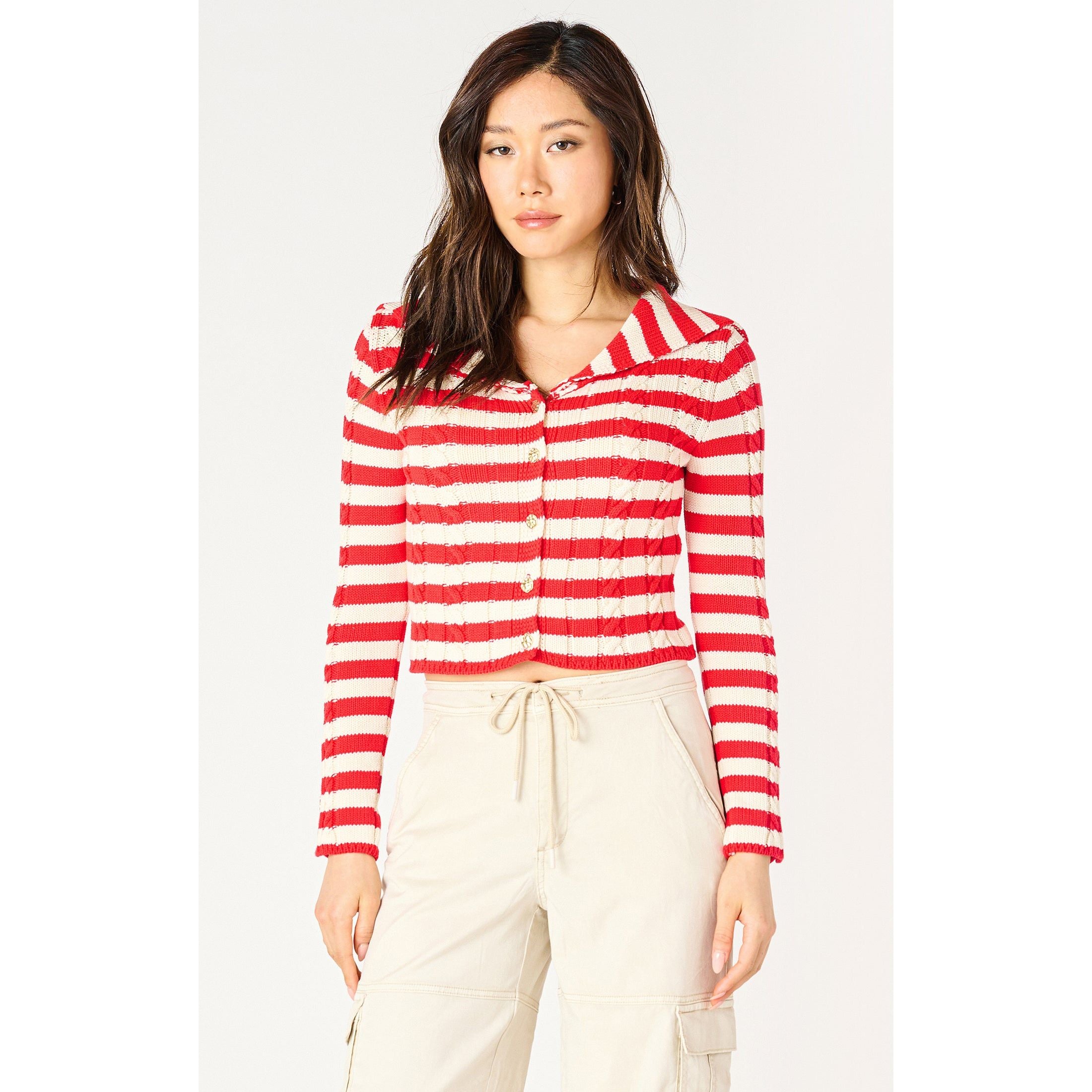 Dex - Cable Knit Cardigan in Scarlett/Cream Stripe