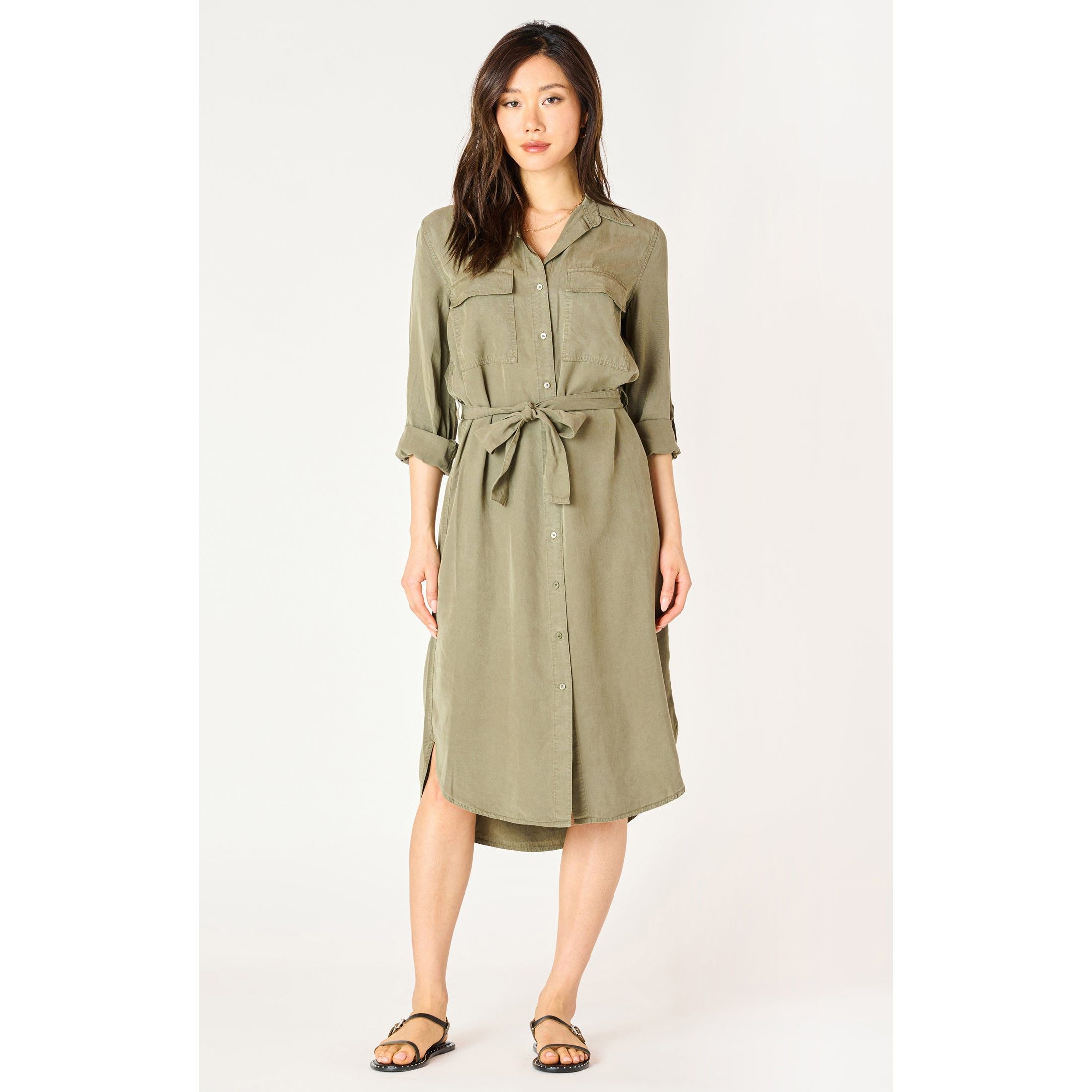 Dex - Belted Utility Midi Dress in Washed Olive