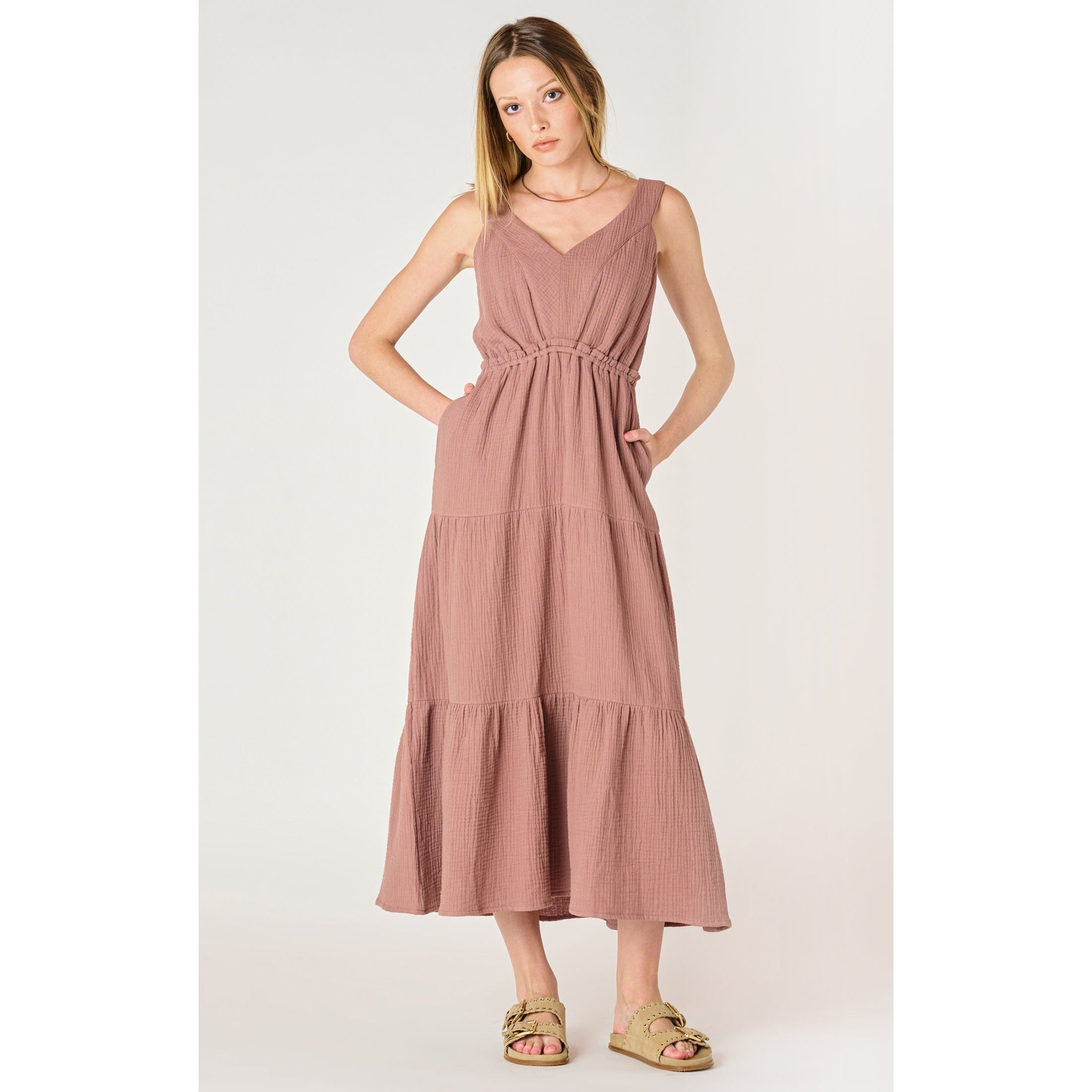 Dex - Textured Tier Midi Dress in Rose Taupe