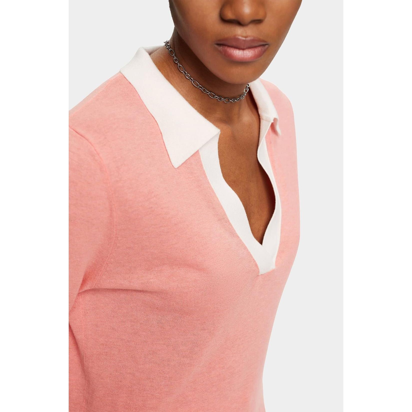 Esprit- Linen/Viscose Blend Contrast Polo in Pink-SQ2257517
